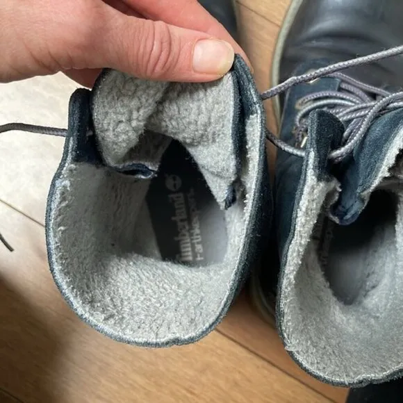 Timberland Waterproof Warm gray Teddy fleece Lined Boots navy blue leather sz 7