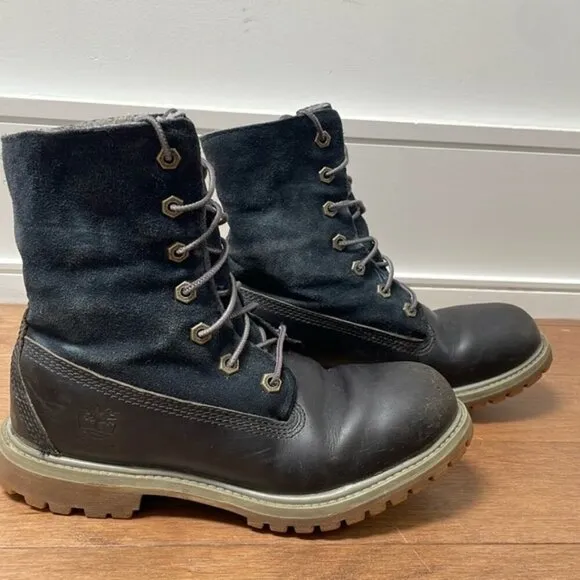 Timberland Waterproof Warm gray Teddy fleece Lined Boots navy blue leather sz 7