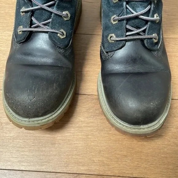 Timberland Waterproof Warm gray Teddy fleece Lined Boots navy blue leather sz 7