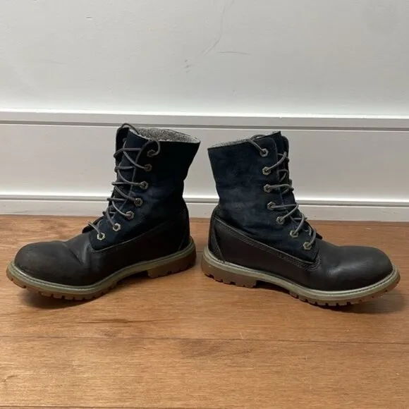 Timberland Waterproof Warm gray Teddy fleece Lined Boots navy blue leather sz 7