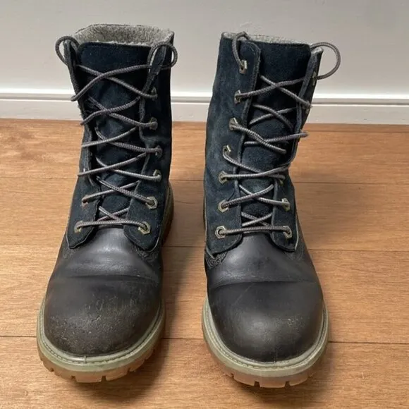 Timberland Waterproof Warm gray Teddy fleece Lined Boots navy blue leather sz 7