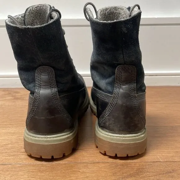 Timberland Waterproof Warm gray Teddy fleece Lined Boots navy blue leather sz 7