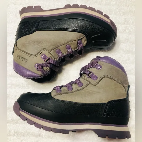 Timberland Youth Shell Toe Euro Unisex Hiker Boots, Grey/Purple. Size 13