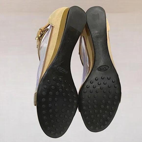 Tod's Patent Leather and Suede Open toe Wedge Sandals Taupe Size 38.5 (8.5)
