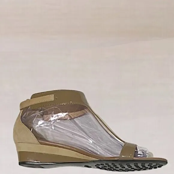 Tod's Patent Leather and Suede Open toe Wedge Sandals Taupe Size 38.5 (8.5)