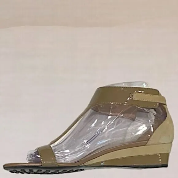 Tod's Patent Leather and Suede Open toe Wedge Sandals Taupe Size 38.5 (8.5)