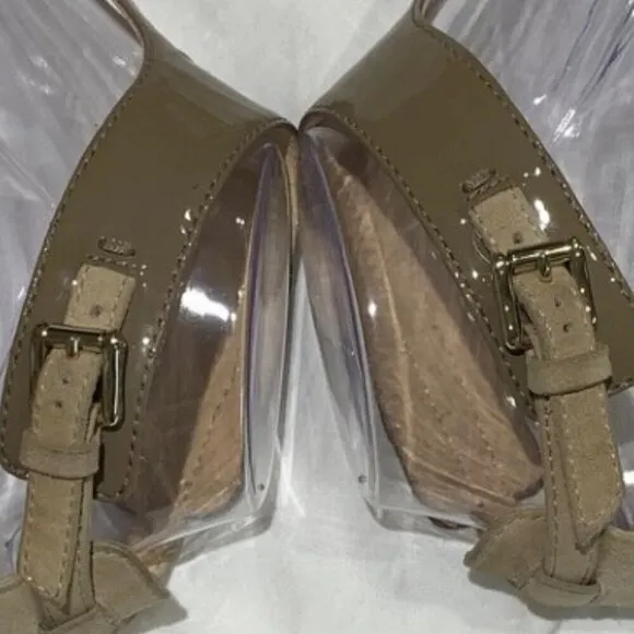 Tod's Patent Leather and Suede Open toe Wedge Sandals Taupe Size 38.5 (8.5)