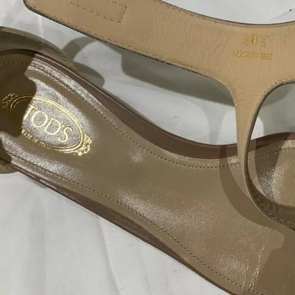 Tod's Patent Leather and Suede Open toe Wedge Sandals Taupe Size 38.5 (8.5)