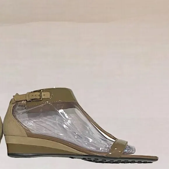 Tod's Patent Leather and Suede Open toe Wedge Sandals Taupe Size 38.5 (8.5)