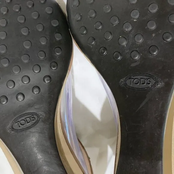 Tod's Patent Leather and Suede Open toe Wedge Sandals Taupe Size 38.5 (8.5)