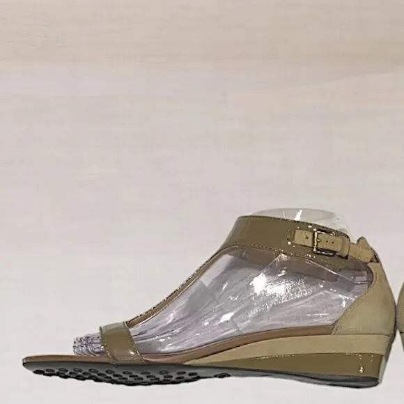 Tod's Patent Leather and Suede Open toe Wedge Sandals Taupe Size 38.5 (8.5)