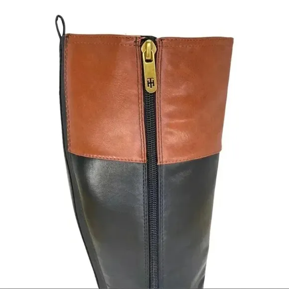 Tommy Hilfiger Ilia4 Black Tan Faux Leather Knee High Womens Boots Size 5.5M
