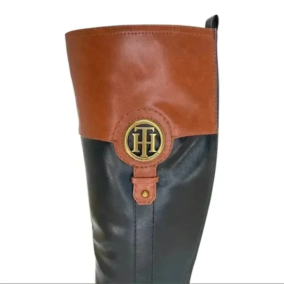 Tommy Hilfiger Ilia4 Black Tan Faux Leather Knee High Womens Boots Size 5.5M