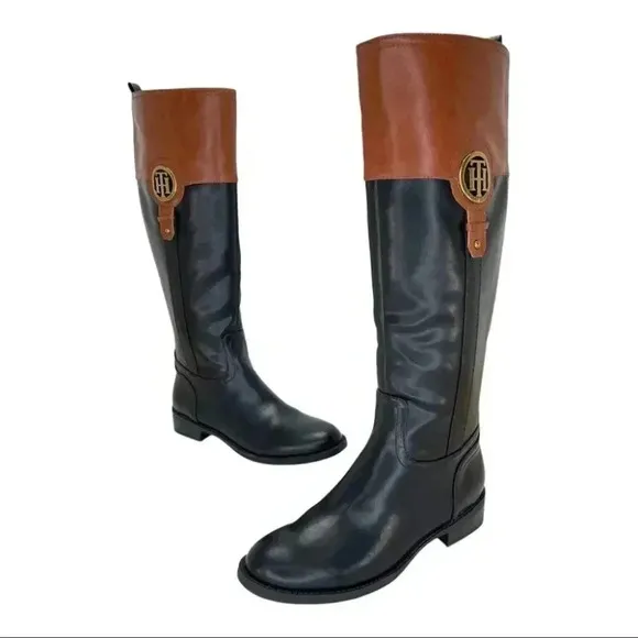 Tommy Hilfiger Ilia4 Black Tan Faux Leather Knee High Womens Boots Size 5.5M