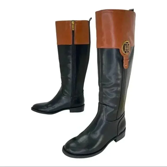 Tommy Hilfiger Ilia4 Black Tan Faux Leather Knee High Womens Boots Size 5.5M