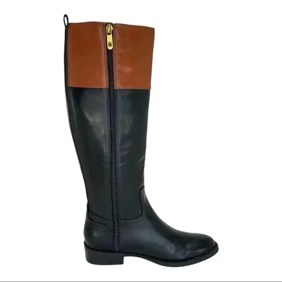 Tommy Hilfiger Ilia4 Black Tan Faux Leather Knee High Womens Boots Size 5.5M