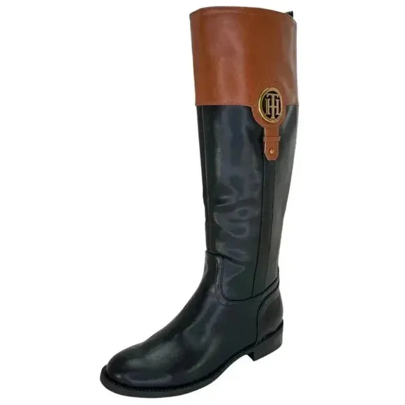 Tommy Hilfiger Ilia4 Black Tan Faux Leather Knee High Womens Boots Size 5.5M