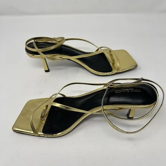 Tony Bianco Avi Gold Nappa Square Open Toe Heel Sandals Size 8.5