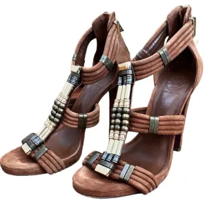 Tory Burch 10 Carla Brown Suede Beaded High Heel Sandal Peep Toe