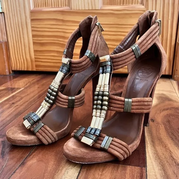 Tory Burch 10 Carla Brown Suede Beaded High Heel Sandal Peep Toe