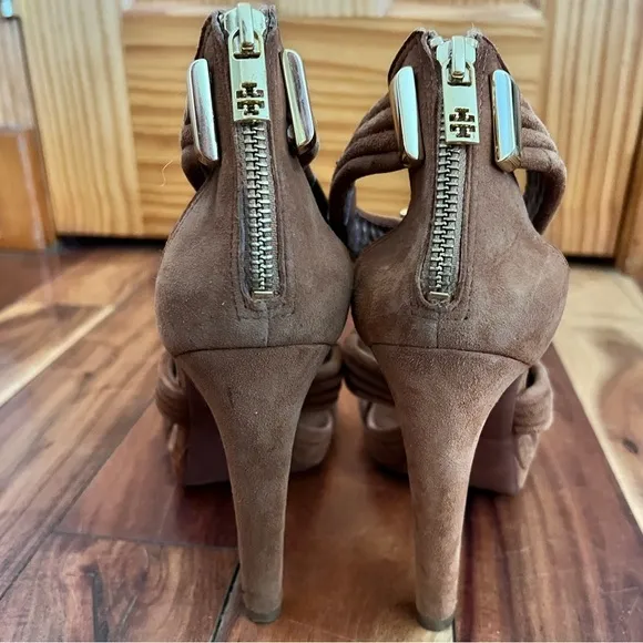 Tory Burch 10 Carla Brown Suede Beaded High Heel Sandal Peep Toe