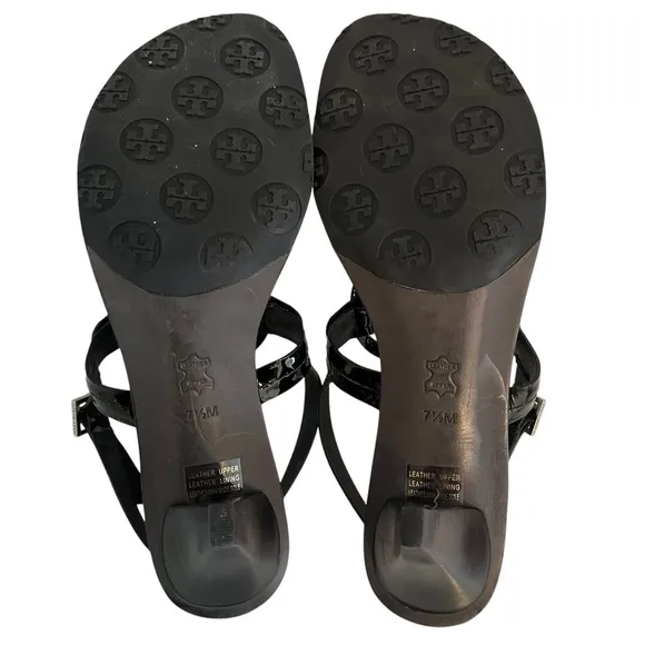 Tory Burch  &quot;Holly-2&quot; Black Patent Leather Kitten Heel Sandals with Silver Logo