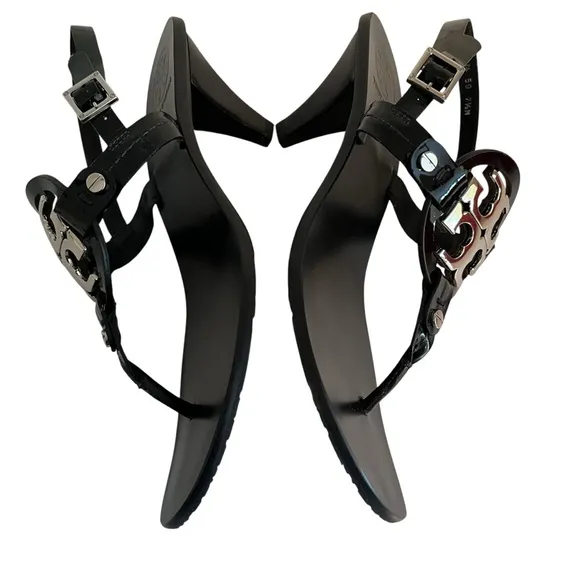 Tory Burch  &quot;Holly-2&quot; Black Patent Leather Kitten Heel Sandals with Silver Logo