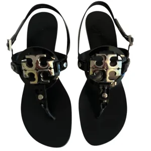 Tory Burch  &quot;Holly-2&quot; Black Patent Leather Kitten Heel Sandals with Silver Logo