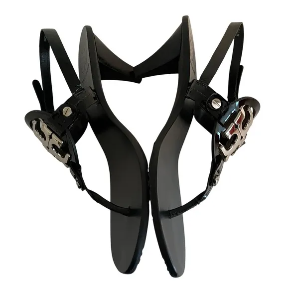 Tory Burch  &quot;Holly-2&quot; Black Patent Leather Kitten Heel Sandals with Silver Logo