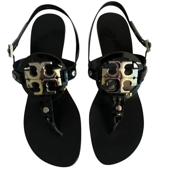 Tory Burch  &quot;Holly-2&quot; Black Patent Leather Kitten Heel Sandals with Silver Logo