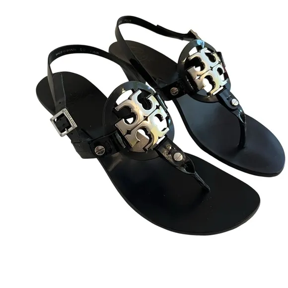 Tory Burch  &quot;Holly-2&quot; Black Patent Leather Kitten Heel Sandals with Silver Logo