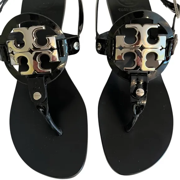 Tory Burch  &quot;Holly-2&quot; Black Patent Leather Kitten Heel Sandals with Silver Logo
