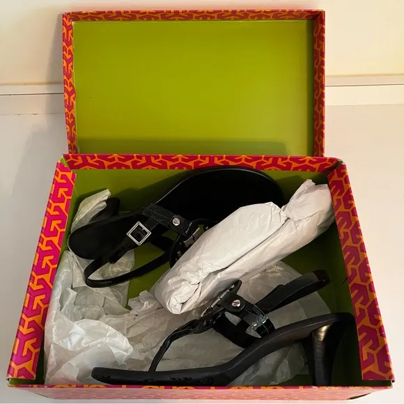Tory Burch  &quot;Holly-2&quot; Black Patent Leather Kitten Heel Sandals with Silver Logo