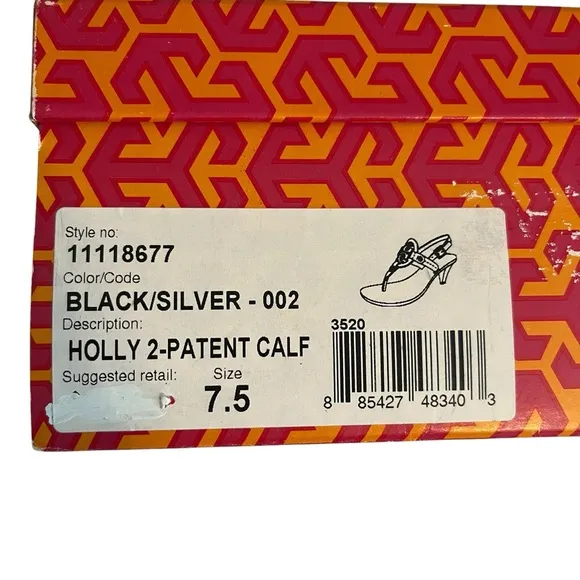 Tory Burch  &quot;Holly-2&quot; Black Patent Leather Kitten Heel Sandals with Silver Logo