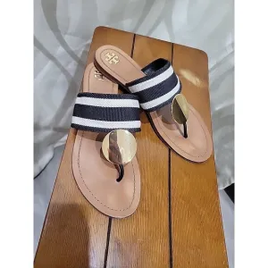Tory Burch Black White Canvas Patos Disk Open Toe Slip On Leather Sandals- Sz 10