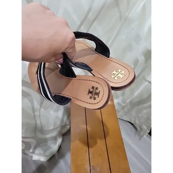 Tory Burch Black White Canvas Patos Disk Open Toe Slip On Leather Sandals- Sz 10