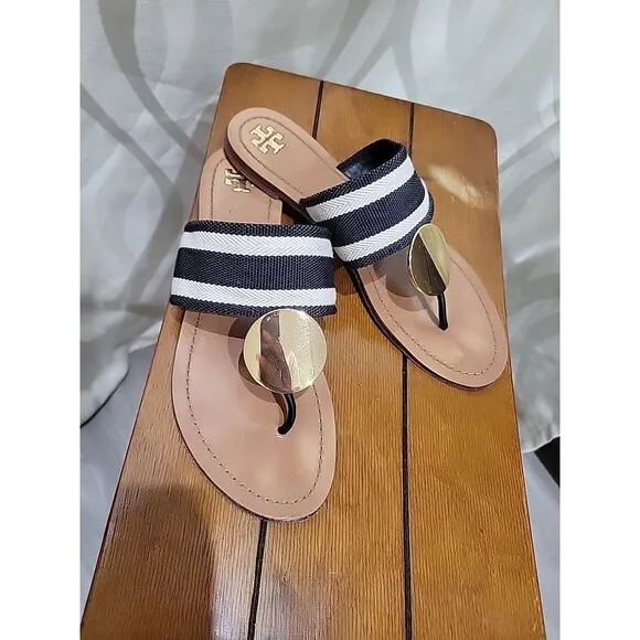 Tory Burch Black White Canvas Patos Disk Open Toe Slip On Leather Sandals- Sz 10