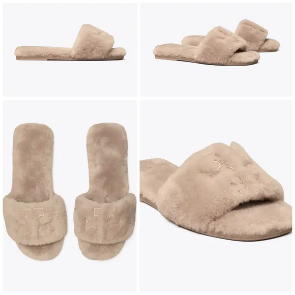 Tory Burch Double T Shearling Calf Leather Slides Size 8.5 Gray Heron/Gold