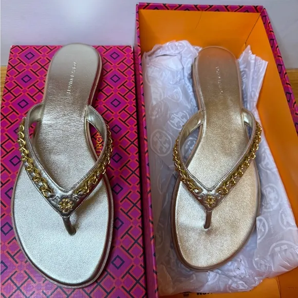 Tory Burch Everly Chain Thong Sandal Retro Metallic 145352 White Gold 272 Sz 8.5