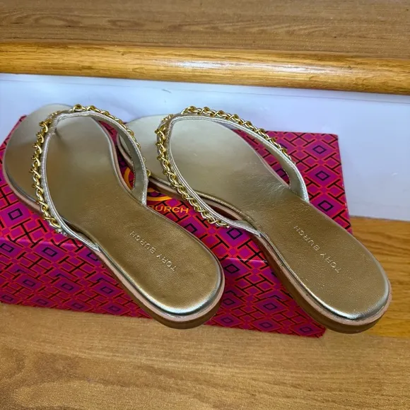 Tory Burch Everly Chain Thong Sandal Retro Metallic 145352 White Gold 272 Sz 8.5