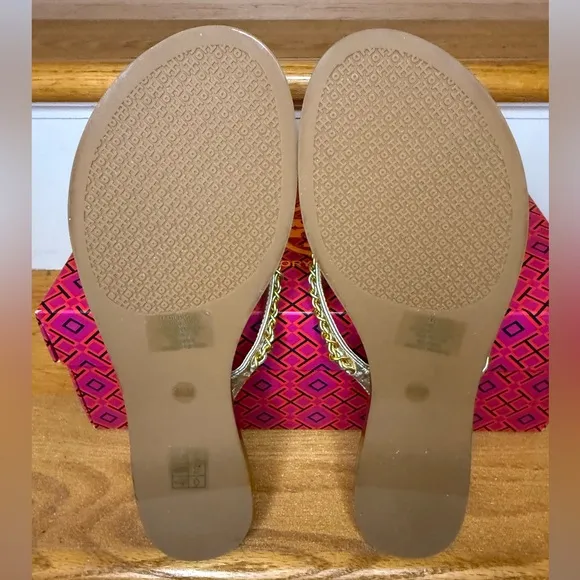 Tory Burch Everly Chain Thong Sandal Retro Metallic 145352 White Gold 272 Sz 8.5