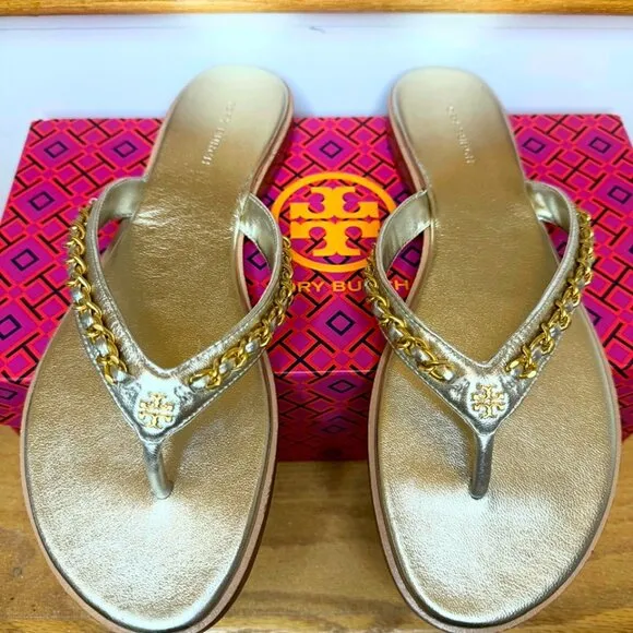 Tory Burch Everly Chain Thong Sandal Retro Metallic 145352 White Gold 272 Sz 8.5