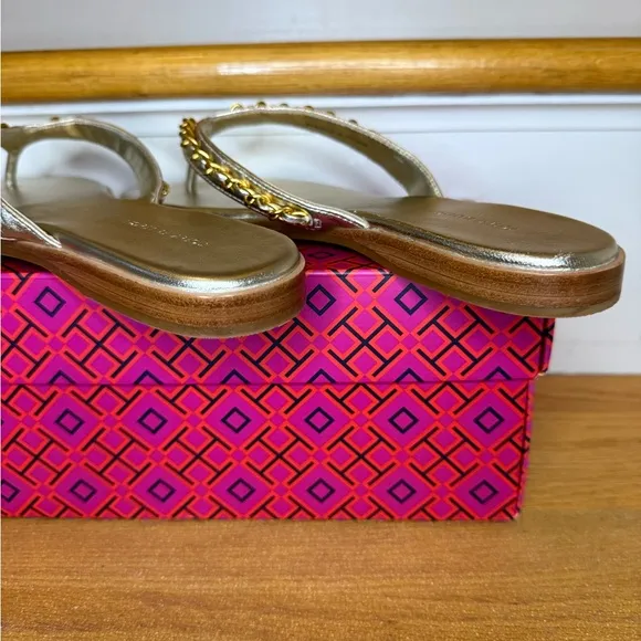 Tory Burch Everly Chain Thong Sandal Retro Metallic 145352 White Gold 272 Sz 8.5
