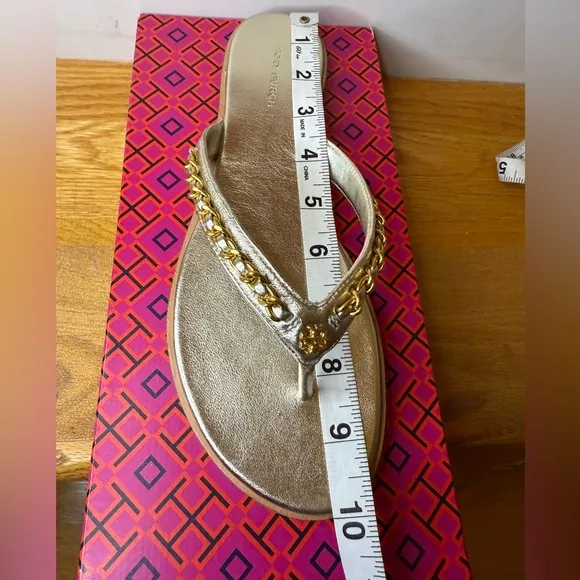 Tory Burch Everly Chain Thong Sandal Retro Metallic 145352 White Gold 272 Sz 8.5