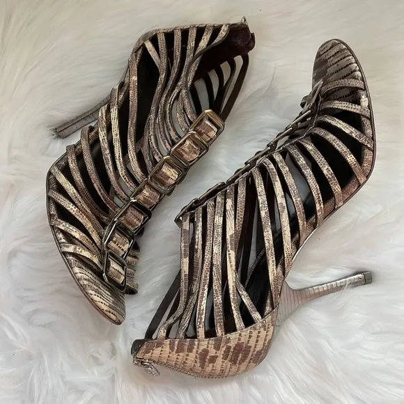 Tory Burch gladiator snake print caged heeled sandals EUC size 9