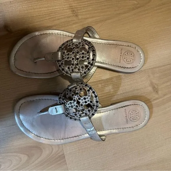 TORY BURCH Miller Sandals Silver Metallic with Accents Size 8 1/2