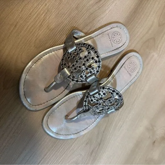 TORY BURCH Miller Sandals Silver Metallic with Accents Size 8 1/2