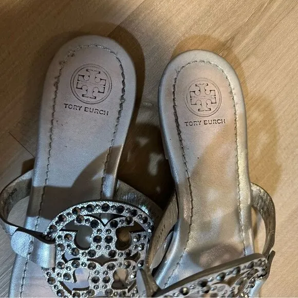 TORY BURCH Miller Sandals Silver Metallic with Accents Size 8 1/2