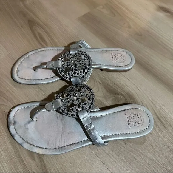 TORY BURCH Miller Sandals Silver Metallic with Accents Size 8 1/2