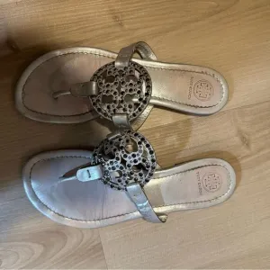 TORY BURCH Miller Sandals Silver Metallic with Accents Size 8 1/2